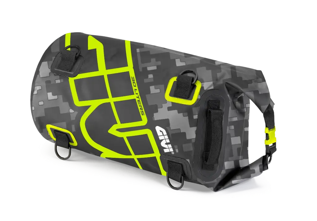 Bolso Sillin Cilindrica Waterproof 30 Lts - Grafica Camuflado Gris / Amarillo